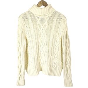 Lands End Sweater Fishermans Cable Knit Turtleneck‎ L Coastal Grandmother